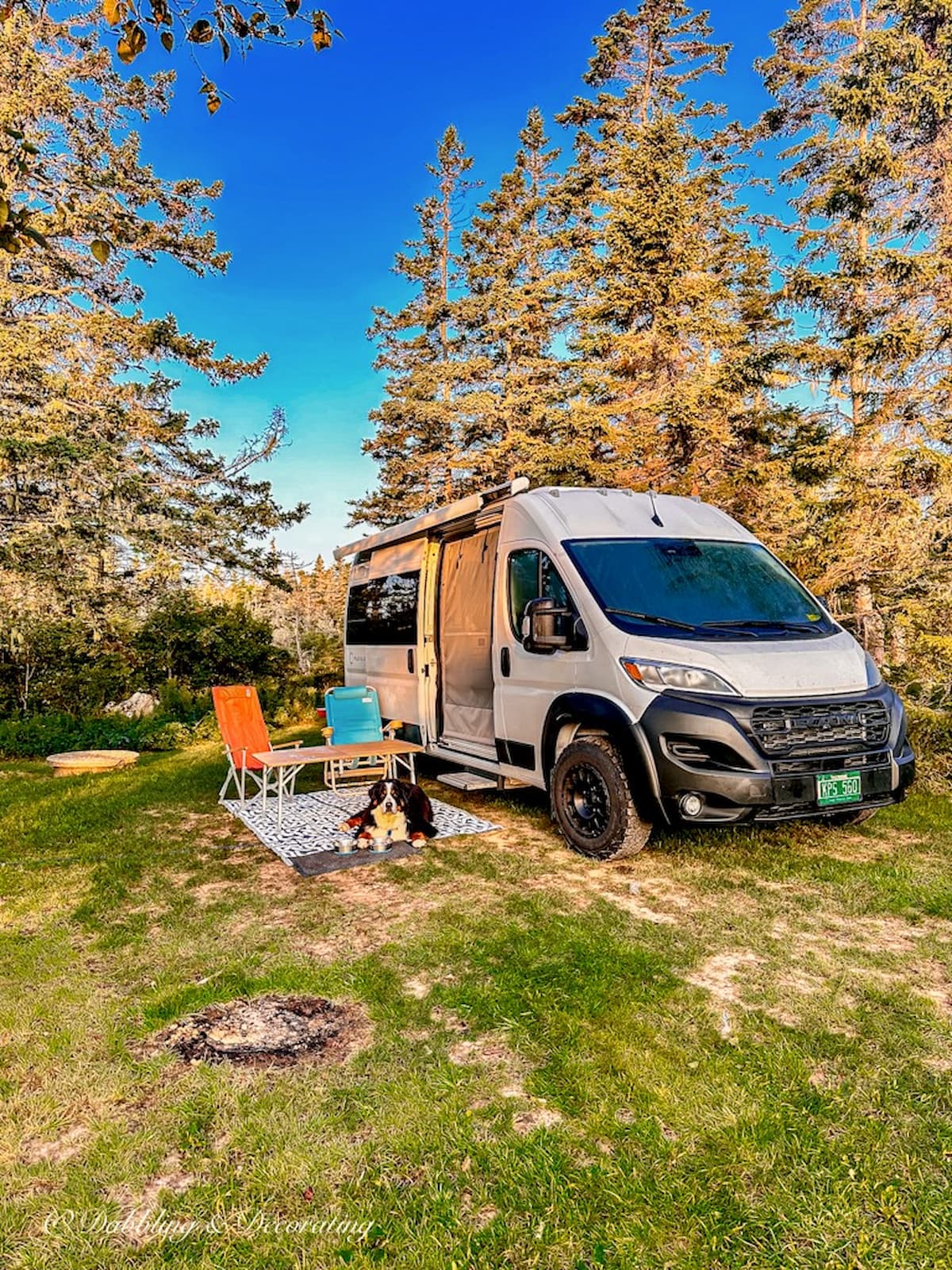 White Panoramic RV at Campground with chairs, table and Bernese Mountain Dog.