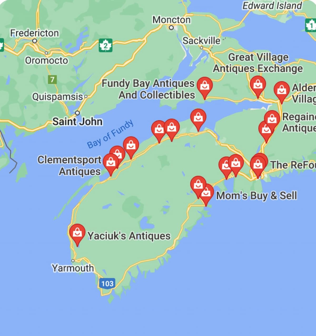 Map of Nova Scotia of all the antique stores.