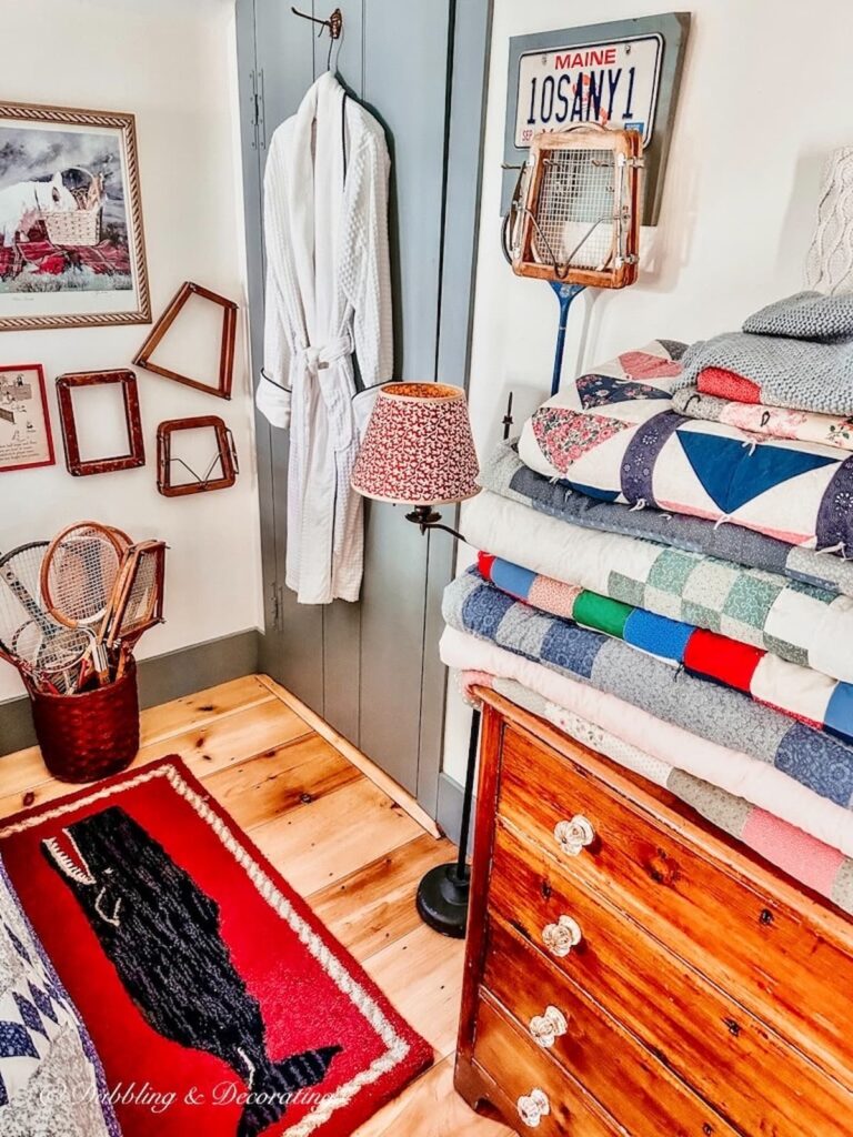 Vintage style bedroom with badminton and tennis racket decor.