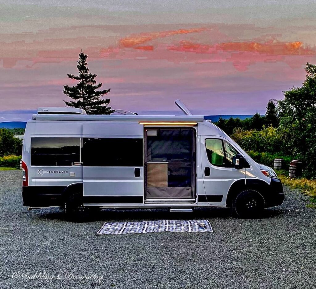 White Panoramic RV Boondocking at Sunset in Baddeck, Nova Scotia.