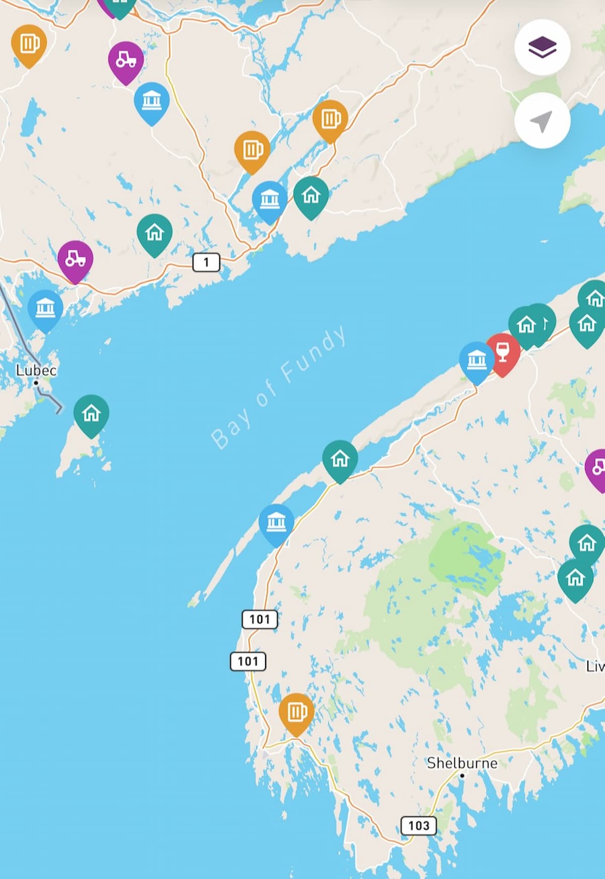 Harvest Host Boondocking Locations in Nova Scotia Map.