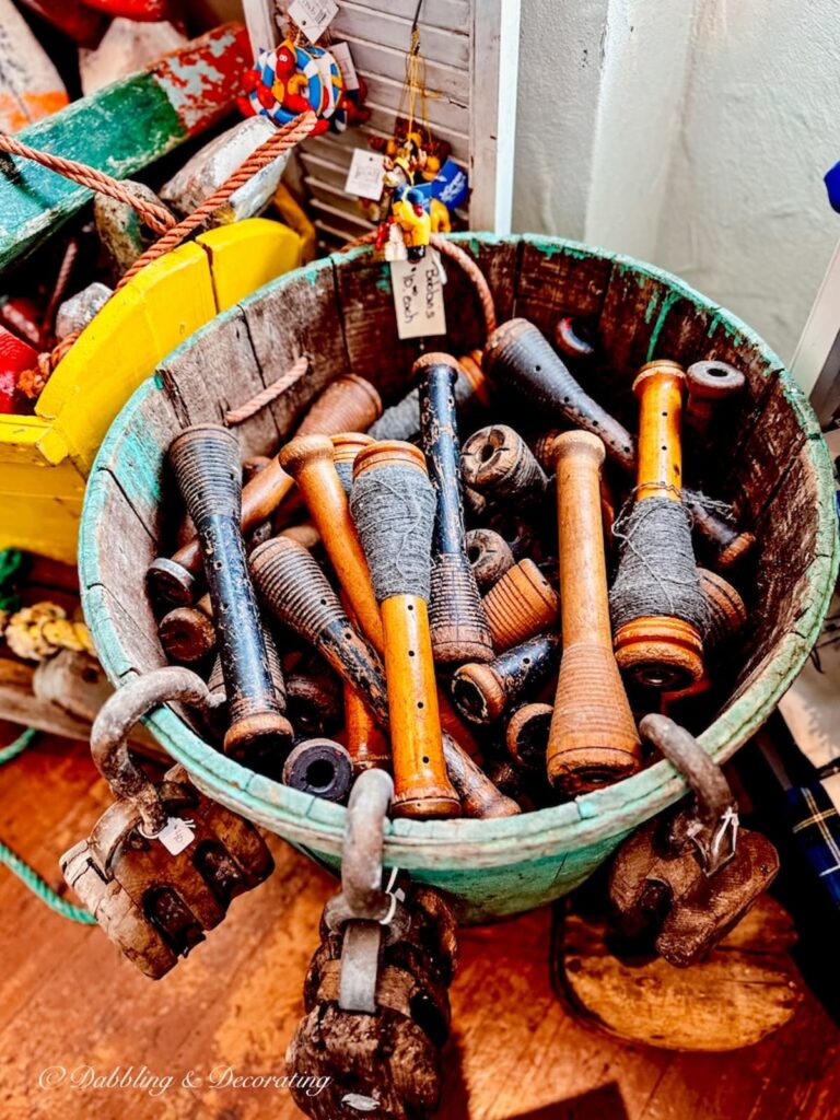 Barrel filled with maritime dowels in Mom's Buy and Sell Store.