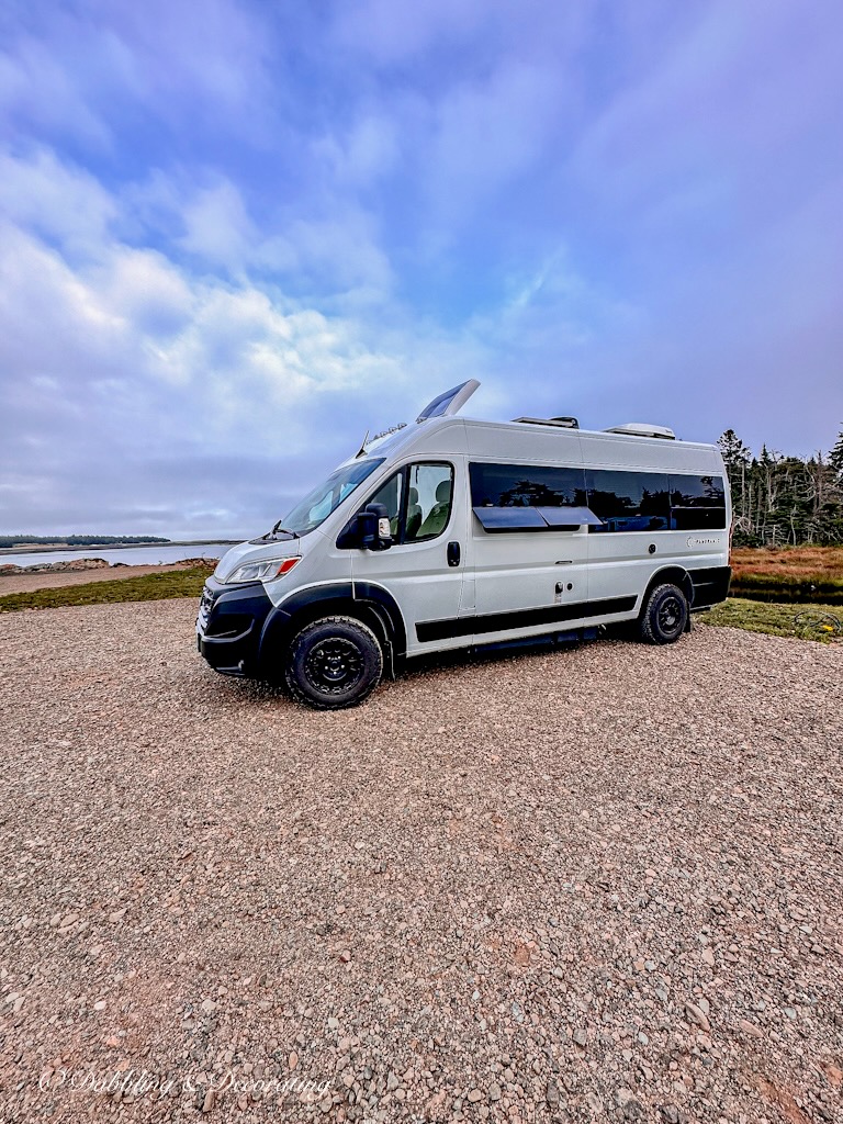 White Panoramic RV at Shore Oasis Boondocking on the Bay of Fundy in Grand Manan, New Brunswick.