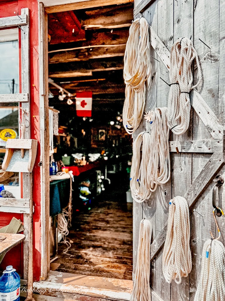 Entrance Door with maritime ropes at the Ship and Boat Chandlery in Lunenburg, Nova Scotia.