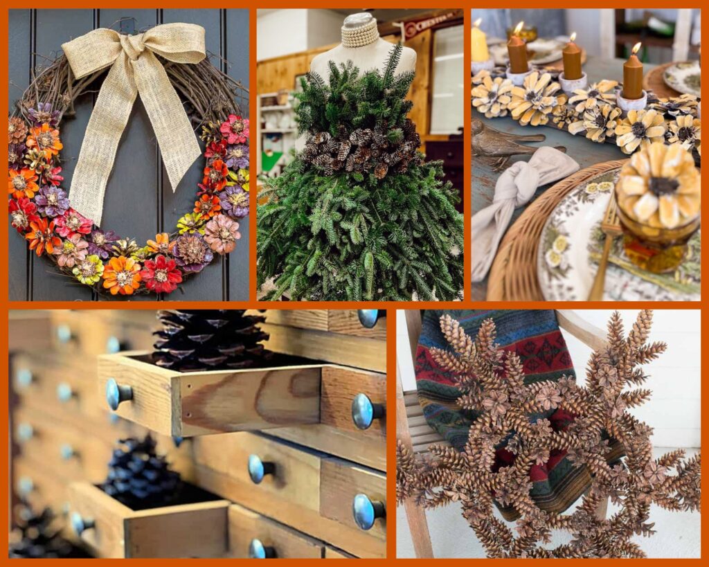 Pinecone decor collage of pine cone decorating ideas.