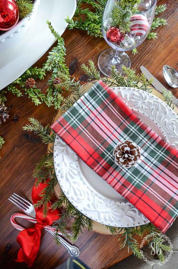 Christmas napkin with pinecone place setting.