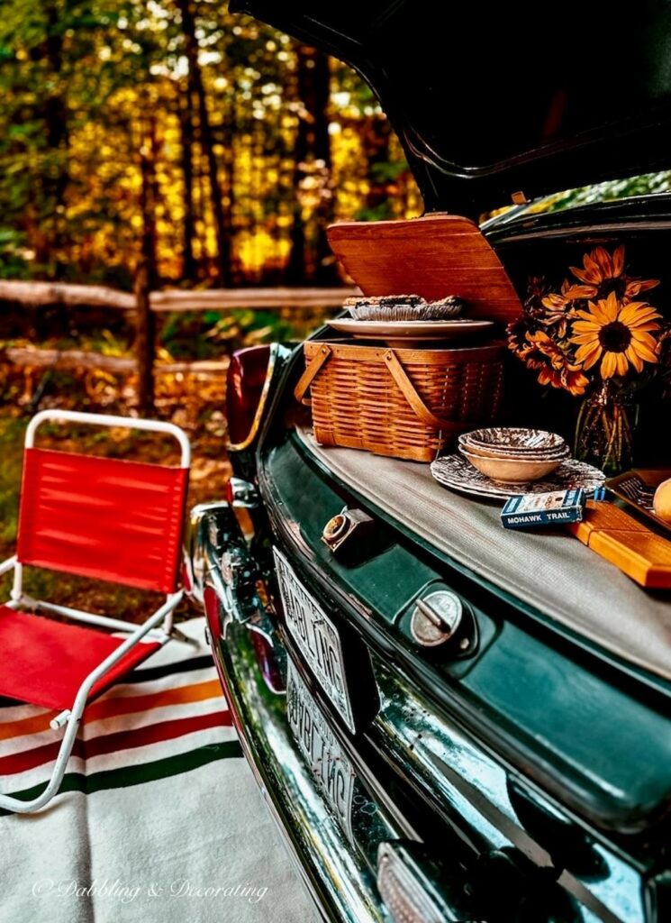 Vintage red beach chair at vintage car picnic in the woods.