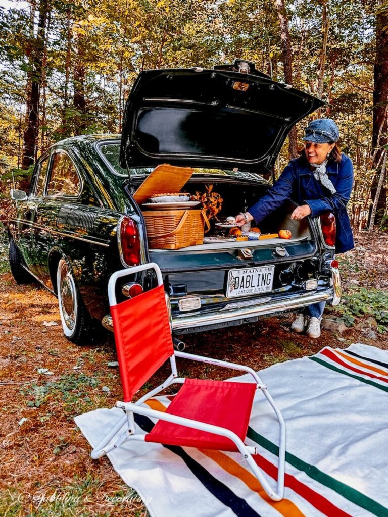 Woman serving blueberry pie in the trunk of a vintage car picnic in the woods.