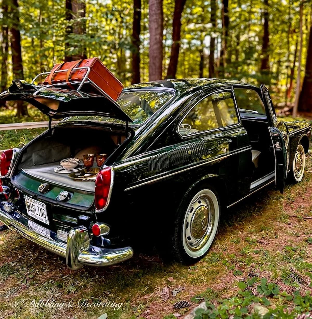 Vintage 1968 VW Fastaback with Trunk Luggage and picnic in the woods.