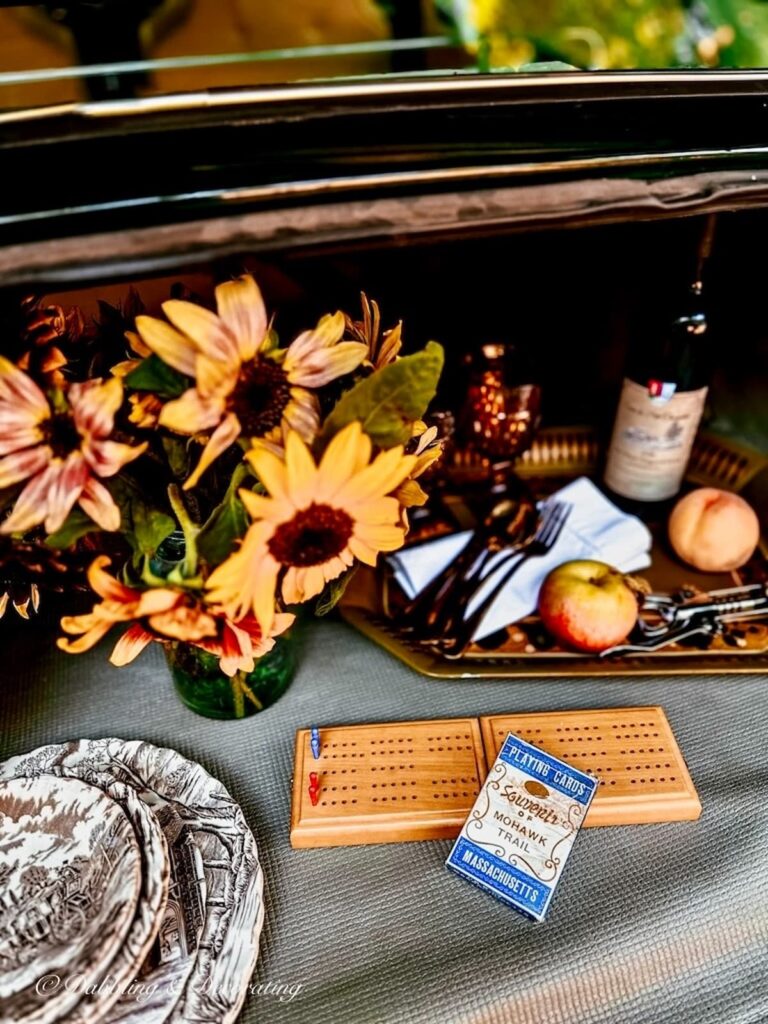 Travel cribbage board and cards inside trunk of car picnic.