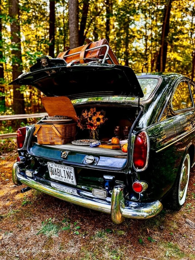 1968 Vintage Volkswagon Fastback with car trunk picnic display in the woods.