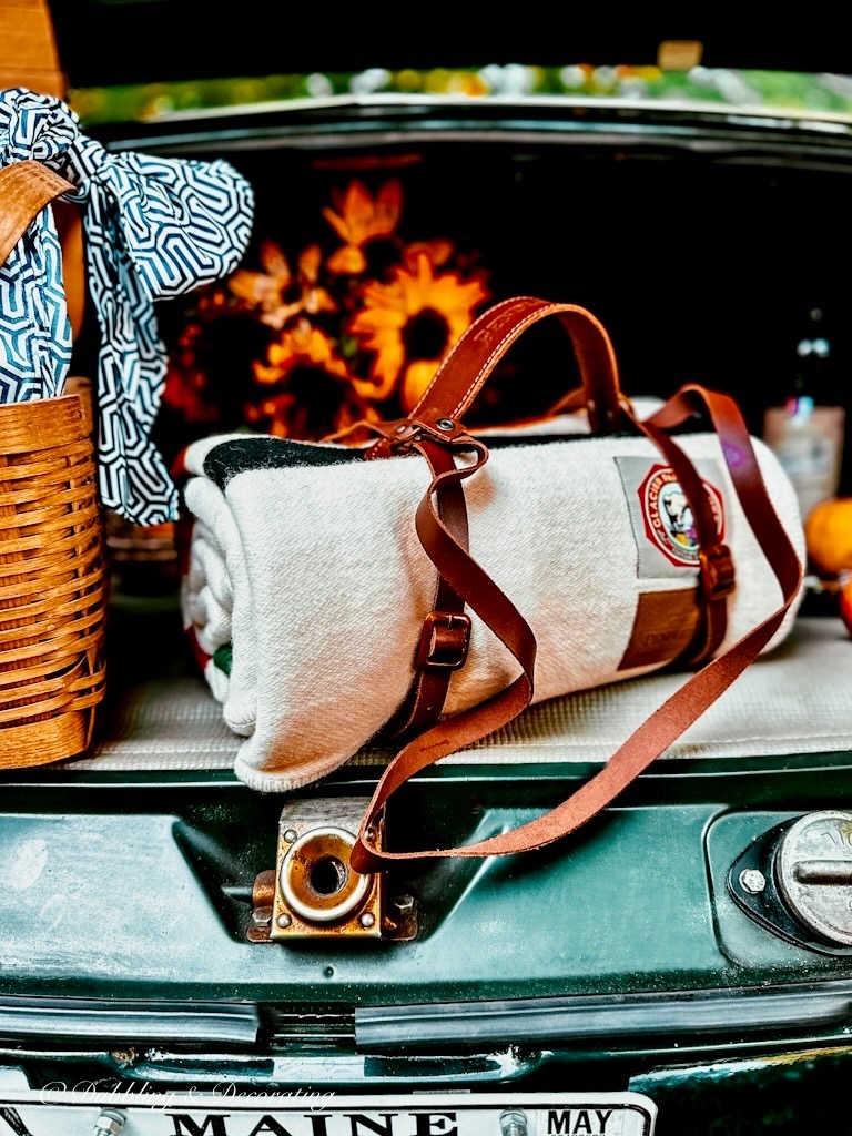 Pendleton wool blanket in vintage car trunk with leather strap.