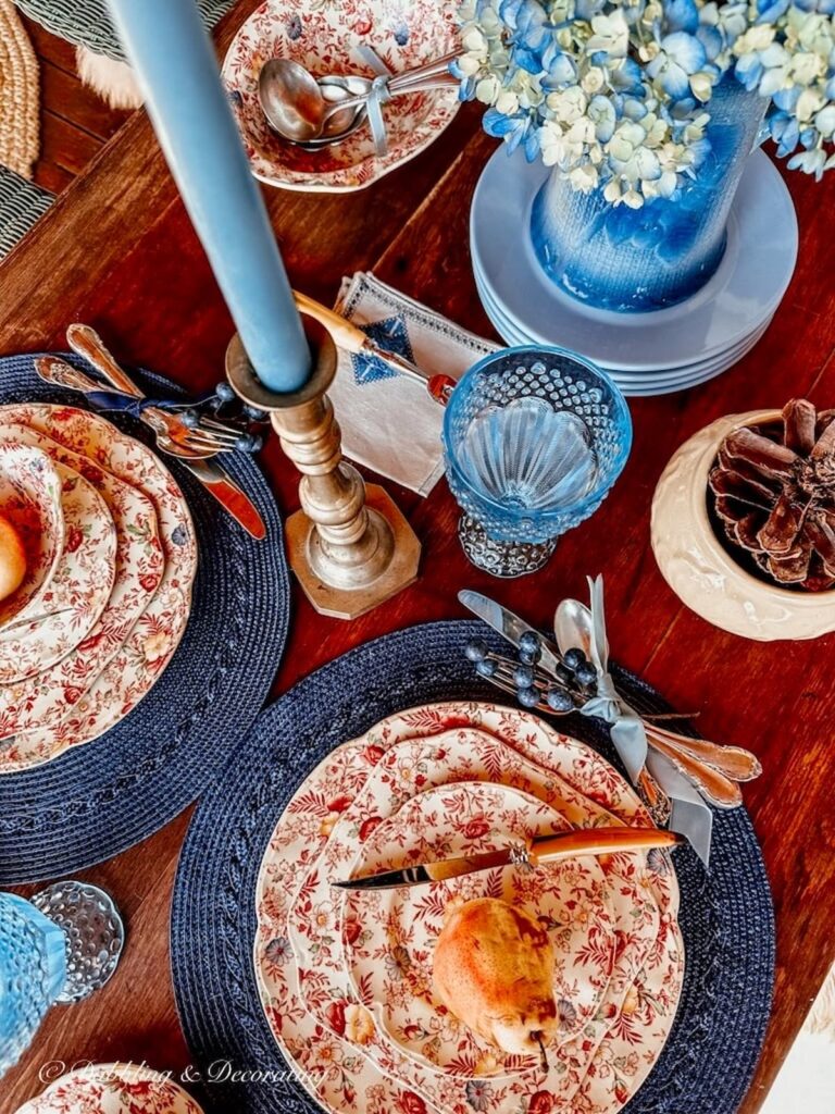 Fall tablescape with Johnson brothers vintage  Chintz pattern with blue accents.