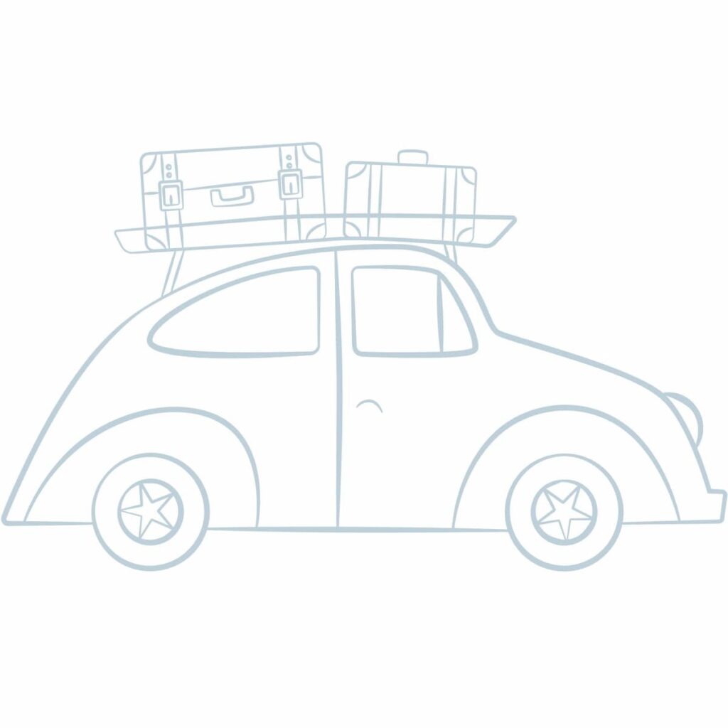 VW with luggage for antiquing road trip graphic.