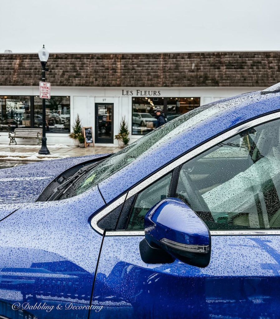 Blue SUV in front of Les Fleurs Shop in Andover, Massachusetts