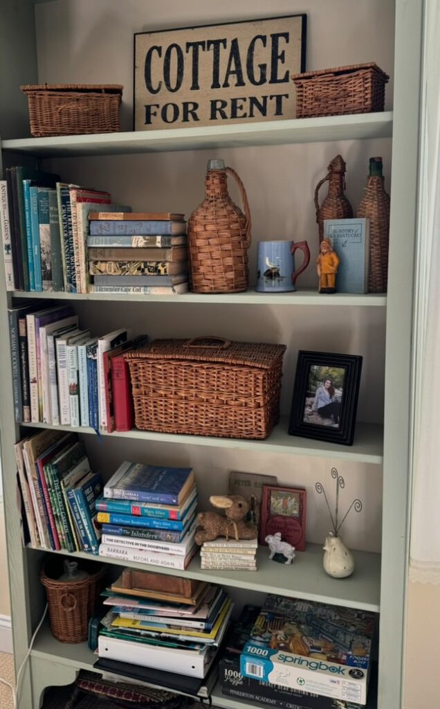 bookshelves decorated with vintage demijohns and blues in home.