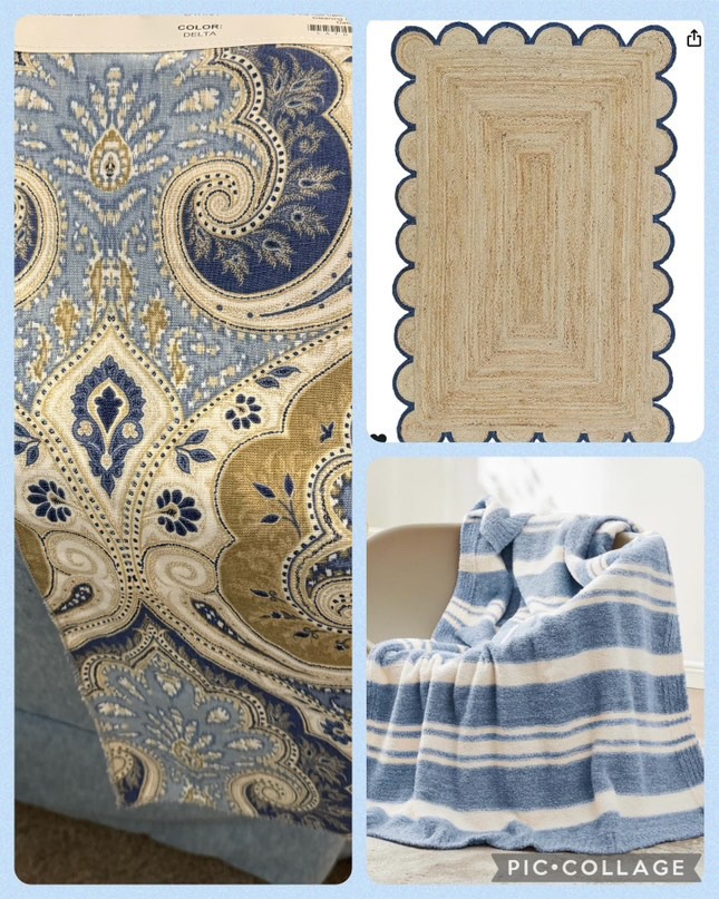 Vision board with blue and brown fabrics.