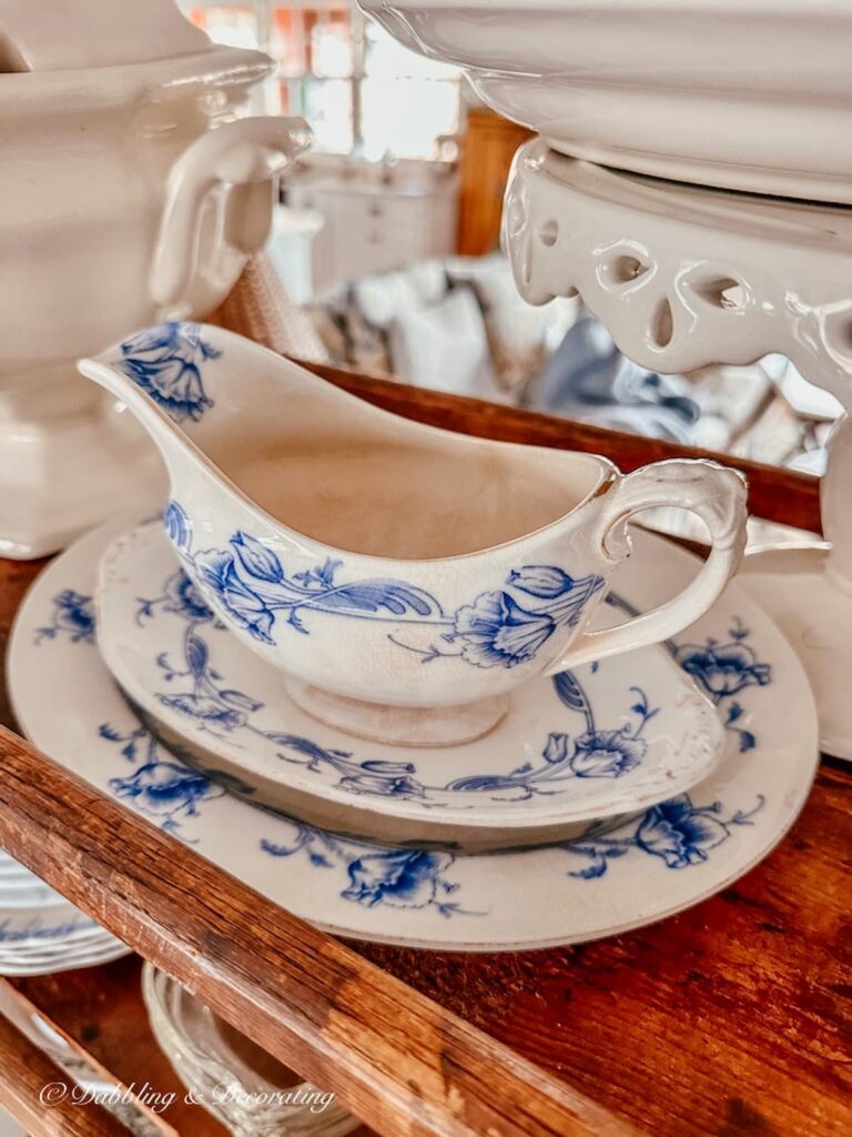 Vintage blue and white gravy bowl and two small matching platters.