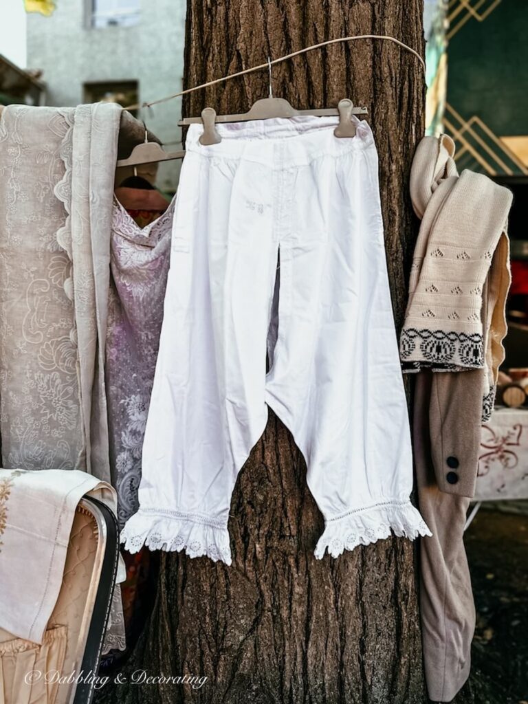 Antique white bloomers hanging on a tree at Paris street fair.