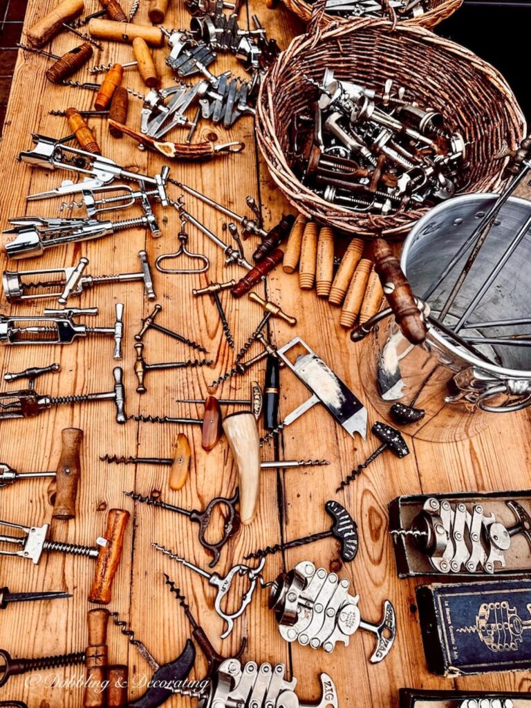 Antique bar accessories at an open air flea market.