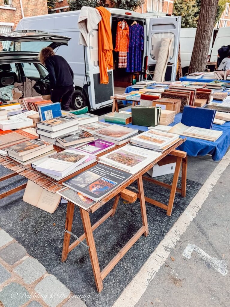 Street Fair in France with books at antique dealer.