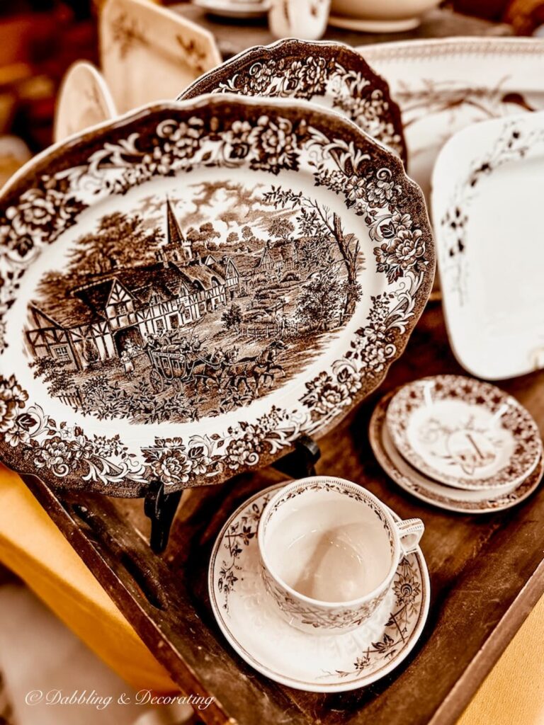 Vintage brown and white transferware display at Vermont Vintage Market Days Fall foliage season.