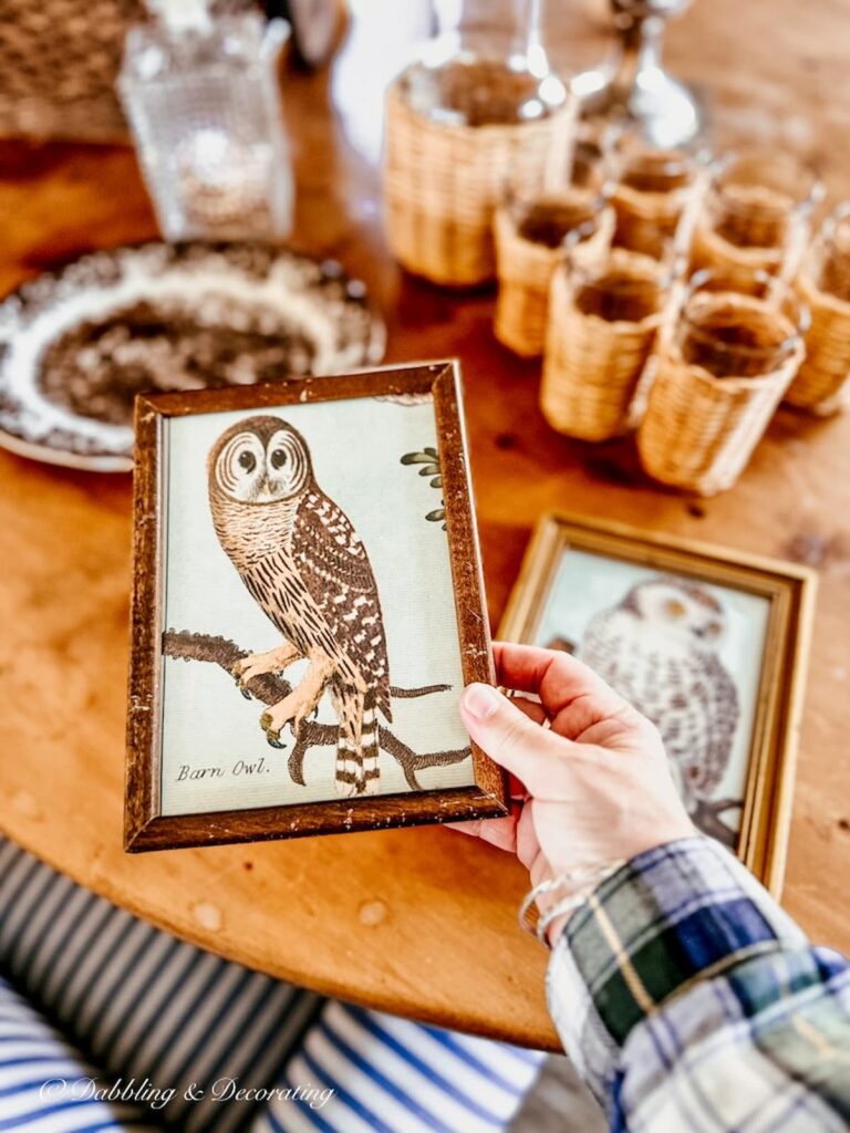 Vintage Snowy owl print in wooden frame at Vintage Market in hand.