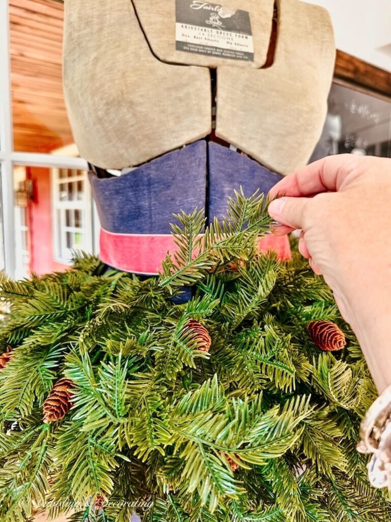 Vintage adjustable blue and gray bust form on tabletop styled with evergreens and a pink ribbon around the waist.  And hand placing smaller branch under waist ribbon.