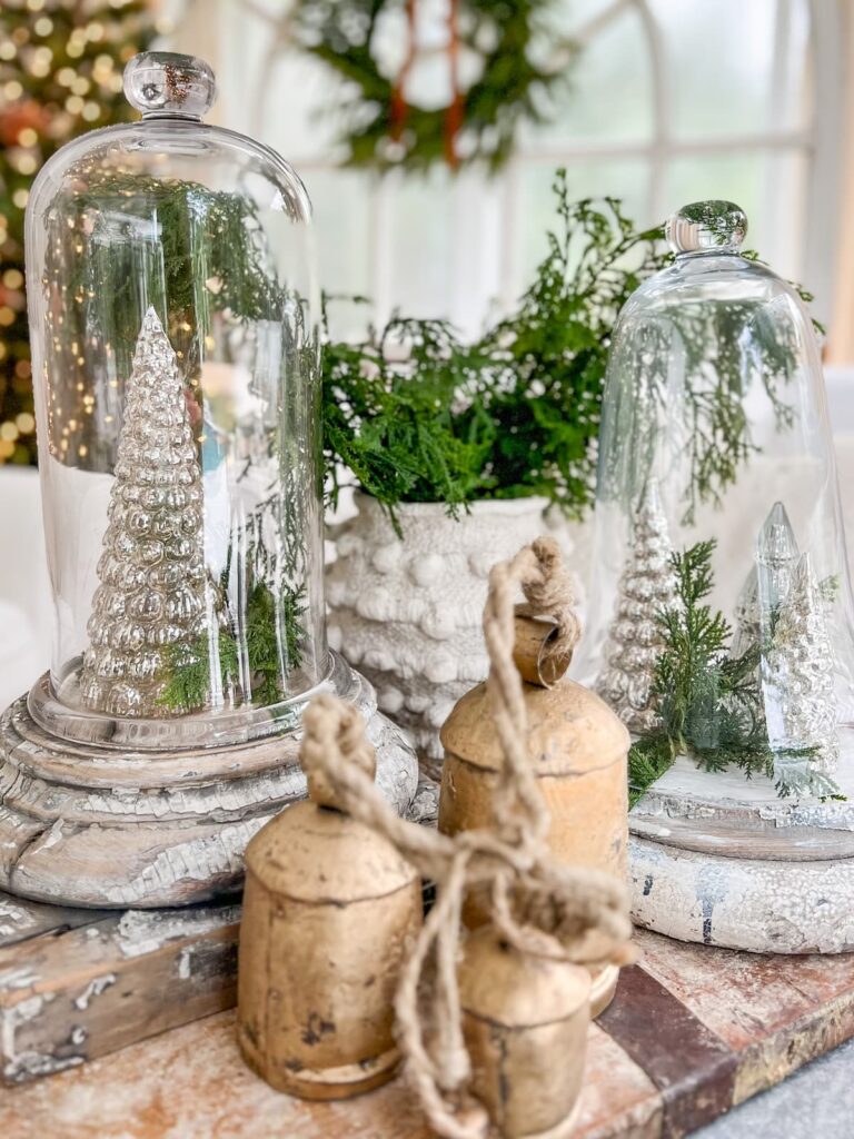 vintage French home decor accessories with bells, cloche's, and architectural wood bases.