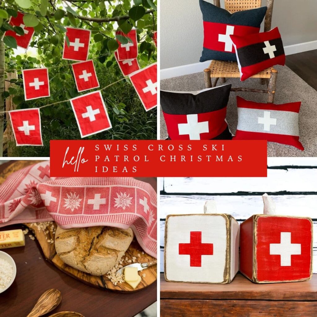 Swiss Flag Ski Patrol decor collage for Christmas and Winter decorating.