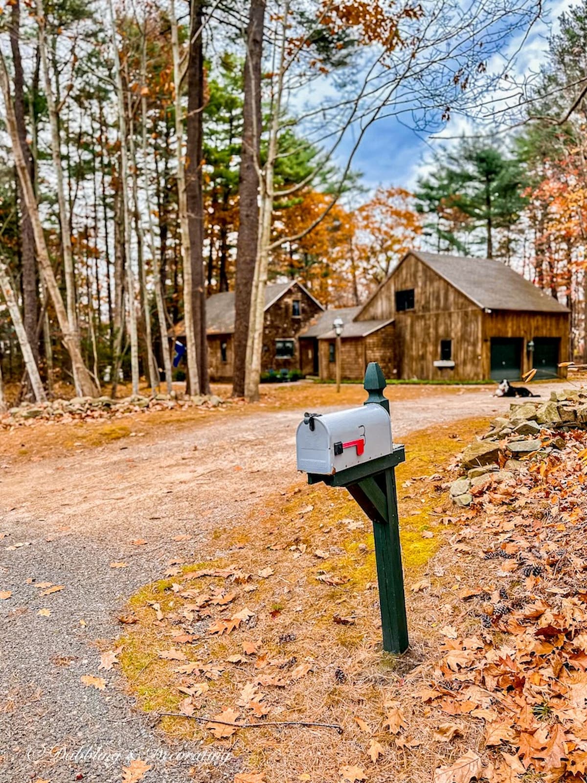 Mailbox in front of cedar shakes home in Maine during the Fall.