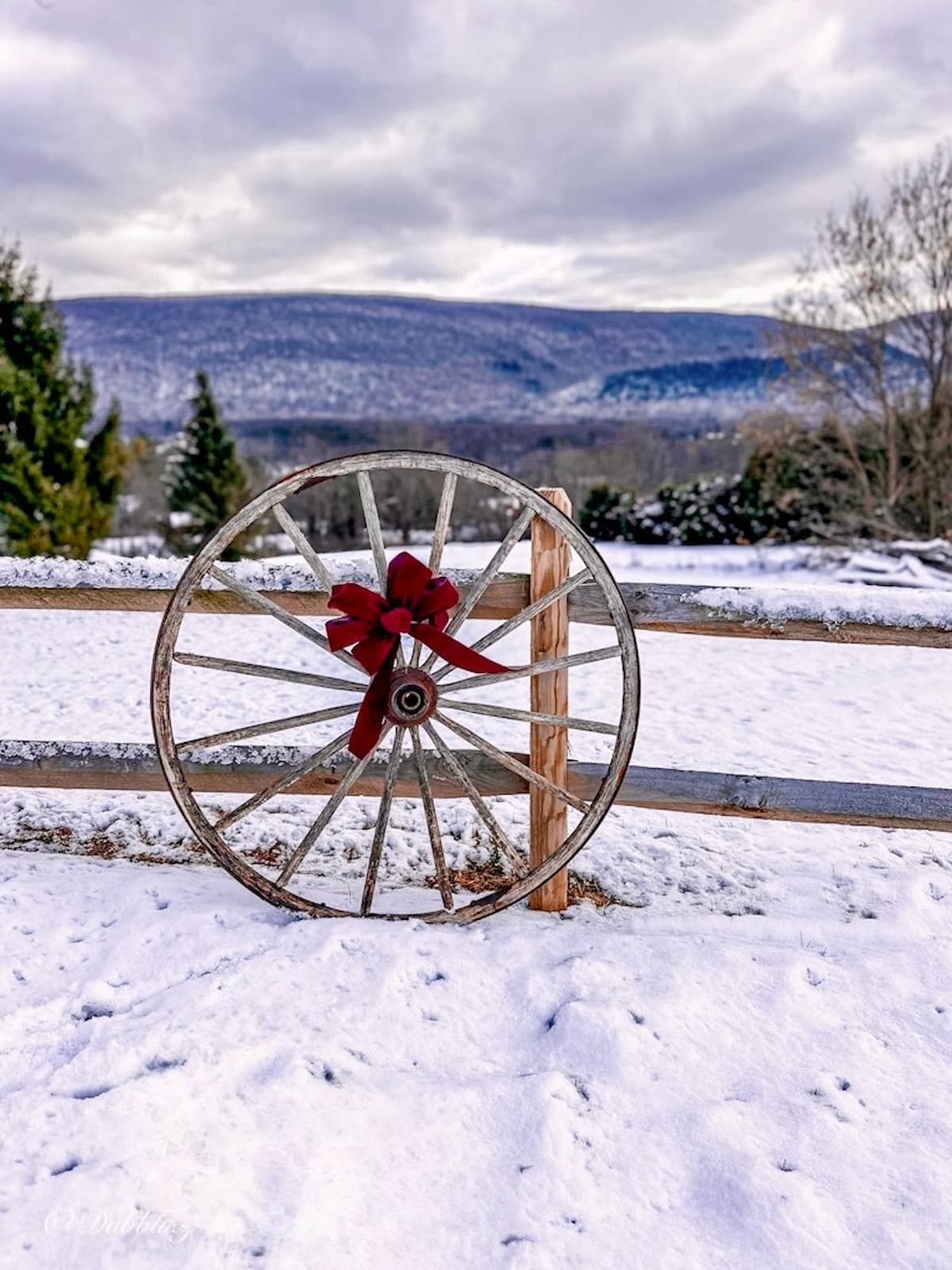 Vintage Christmas wooden wagon wheel with burgundy bow leaning on split rail fence in wintery mountain scene.