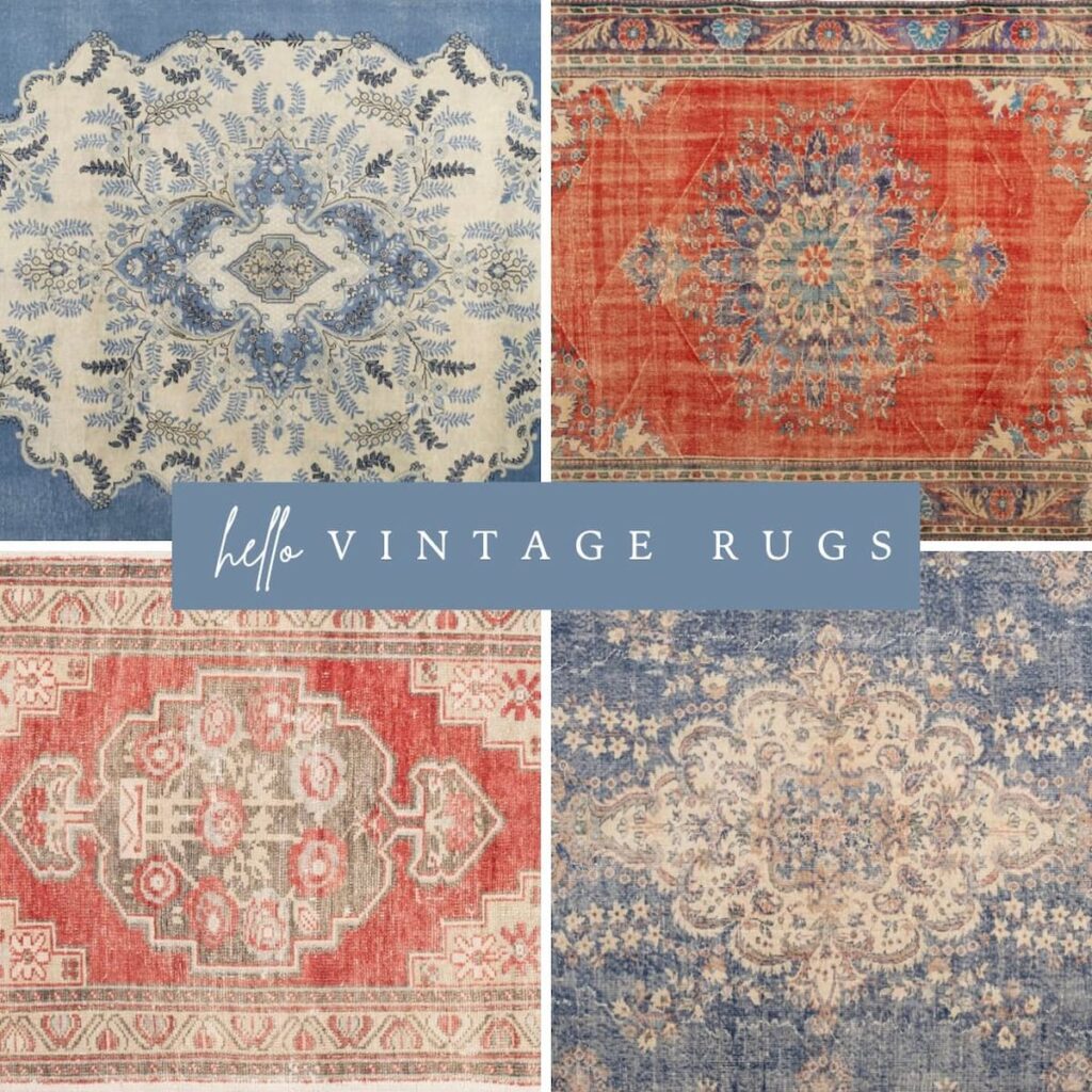 Hello Vintage Rugs Collage with blue and red tones. Click to Shop.