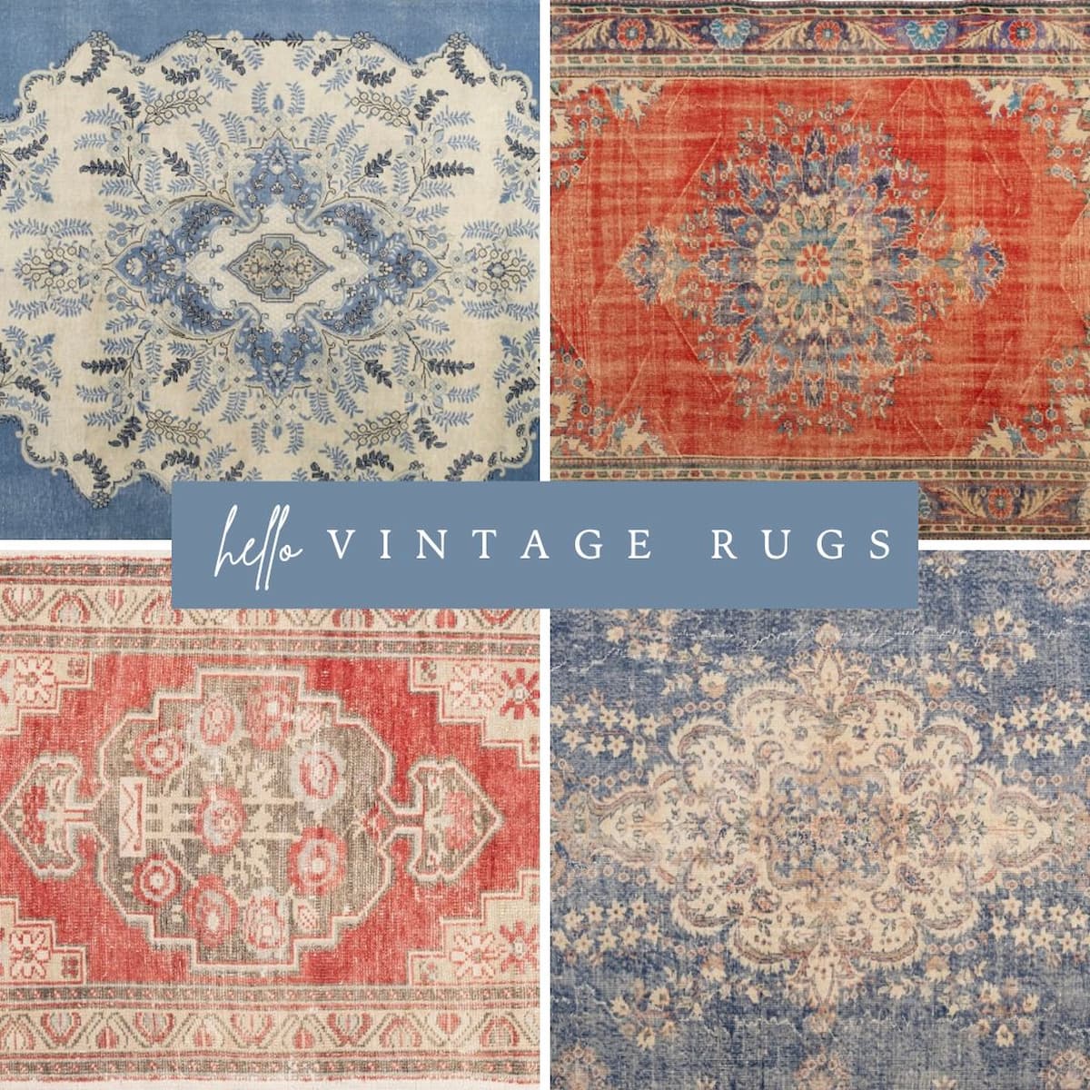 Hello Vintage Rugs Collage with blue and red tones.  Click to Shop.