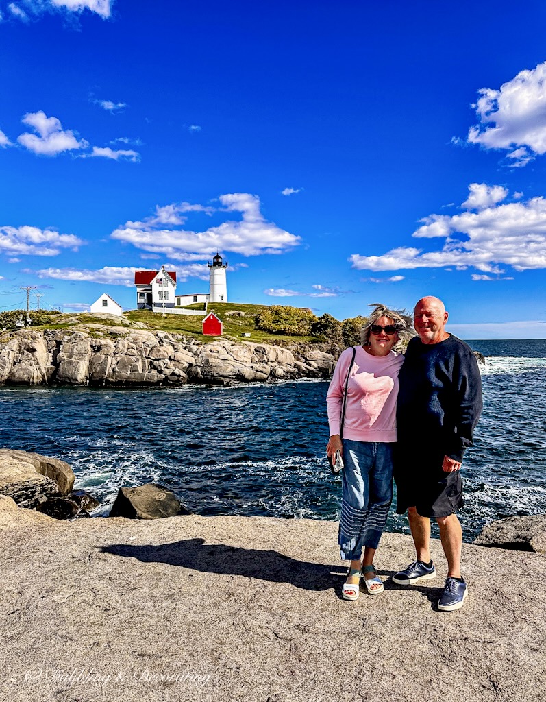 Rachel and Brad in front of Nubble Light House Maine.