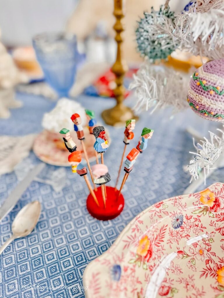 Vintage Scandinavian toothpick holder and toothpicks on simple winter table decorations dining table.