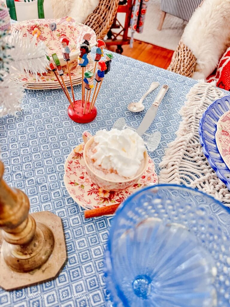 Vintage Scandinavian toothpick holder and toothpicks on simple winter table decorations dining table.