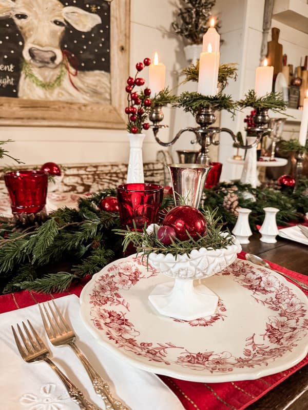 Red and white vintage style tablescape for the holidays.