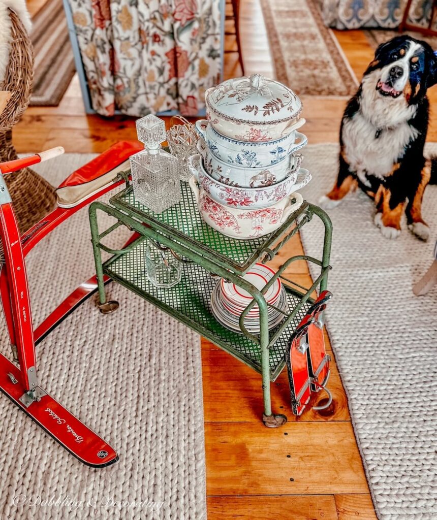 Antique Green bar cart with antiques and a Bernese Mountain Dog looking on.