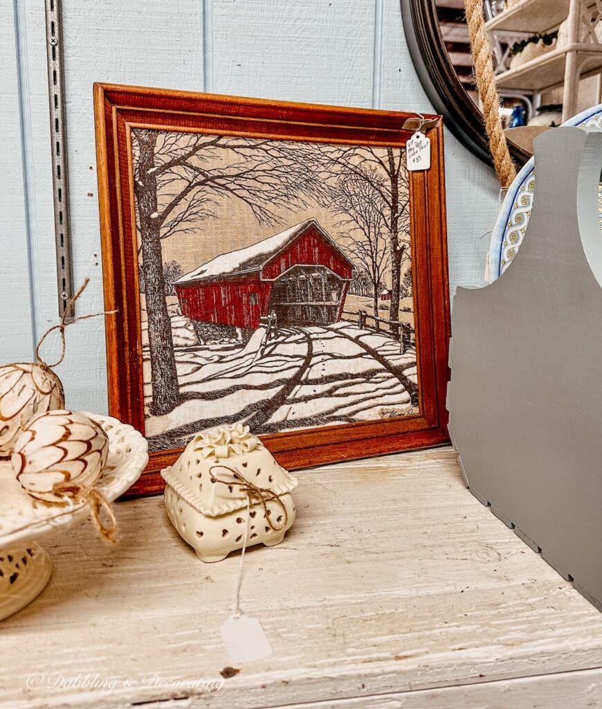 Kay Dee Linen Print with covered bridge and wood frame.