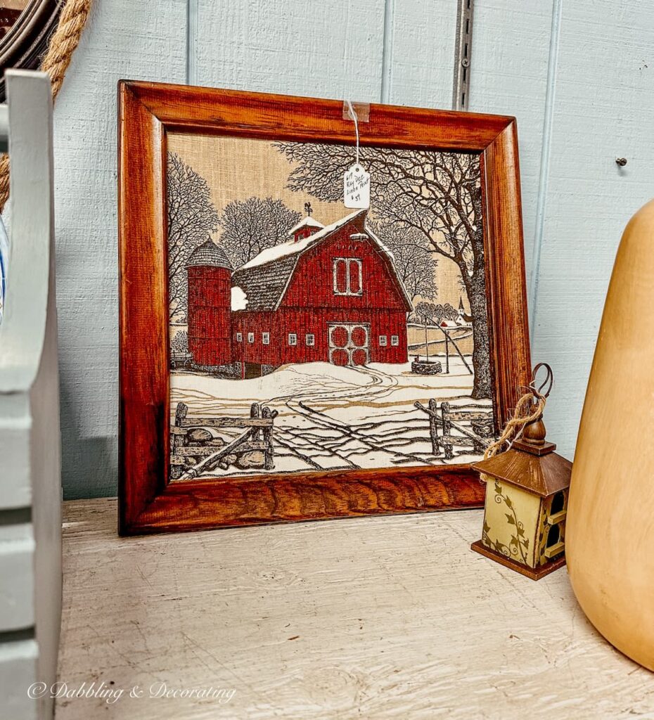 Kay Dee Linen Print with red barn and wood frame.