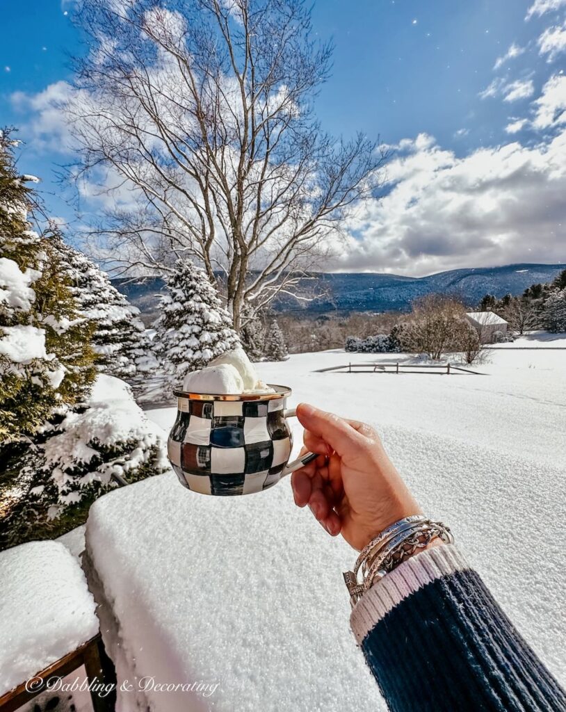 Courtley Check MacKenzie-Childs mug in hand with hot chocolate on snow day in the mountains in hand.