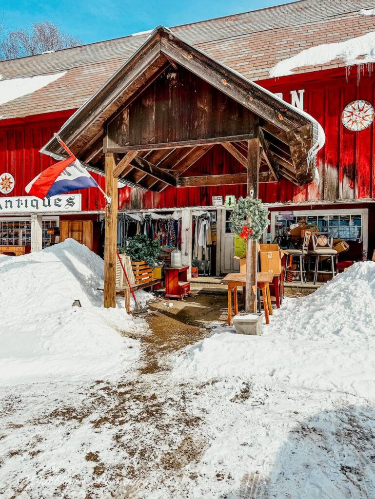 The Big Red Barn in snow second-hand shop in Vermont.