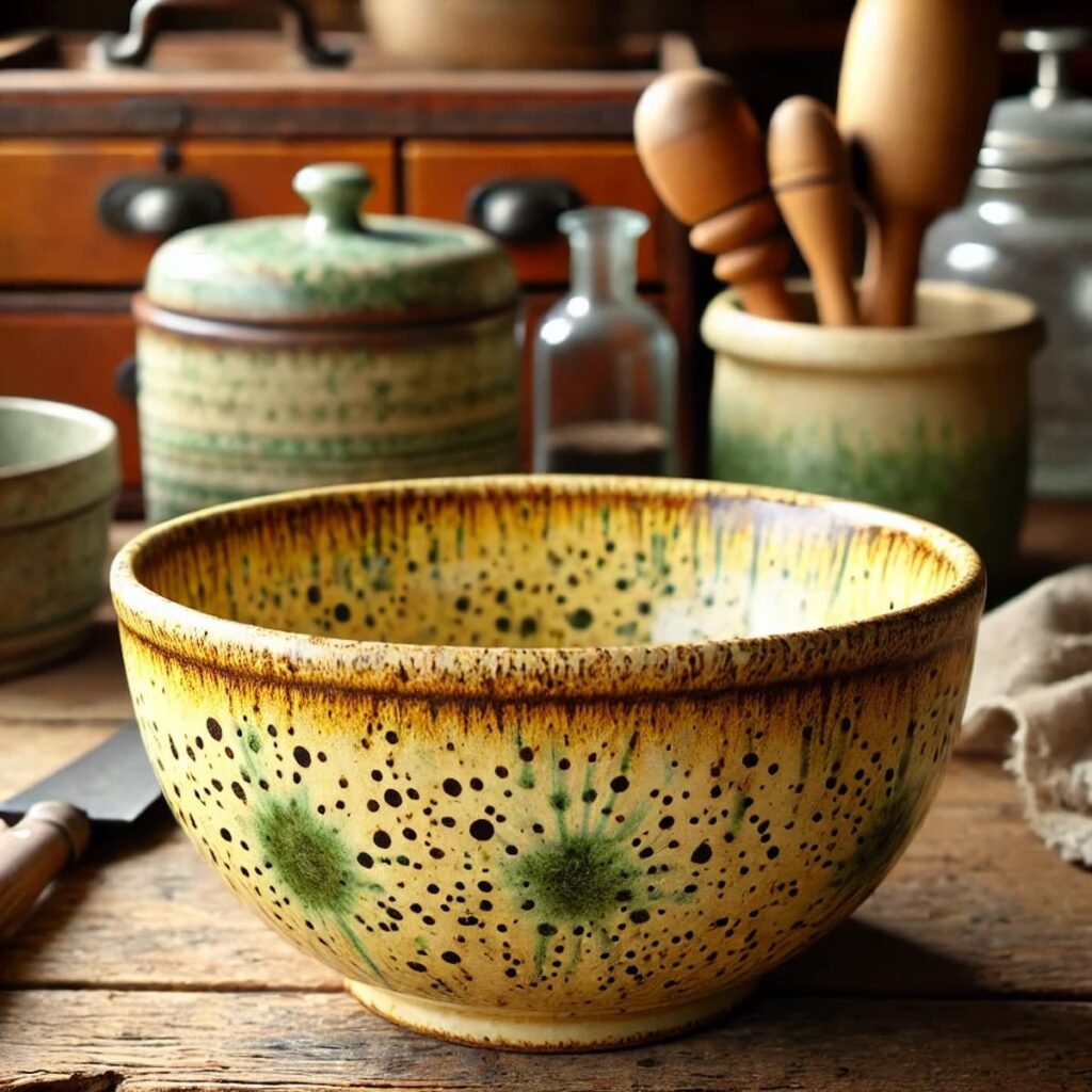 Yellow ware bowl with spongeware decorative elements.