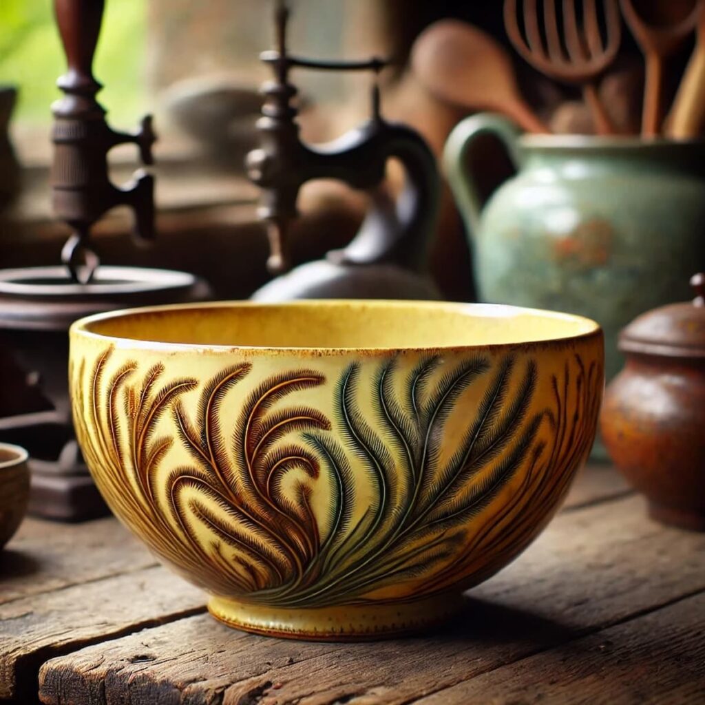 vintage yellowware mixing bowl featuring the rare seaweed decoration.