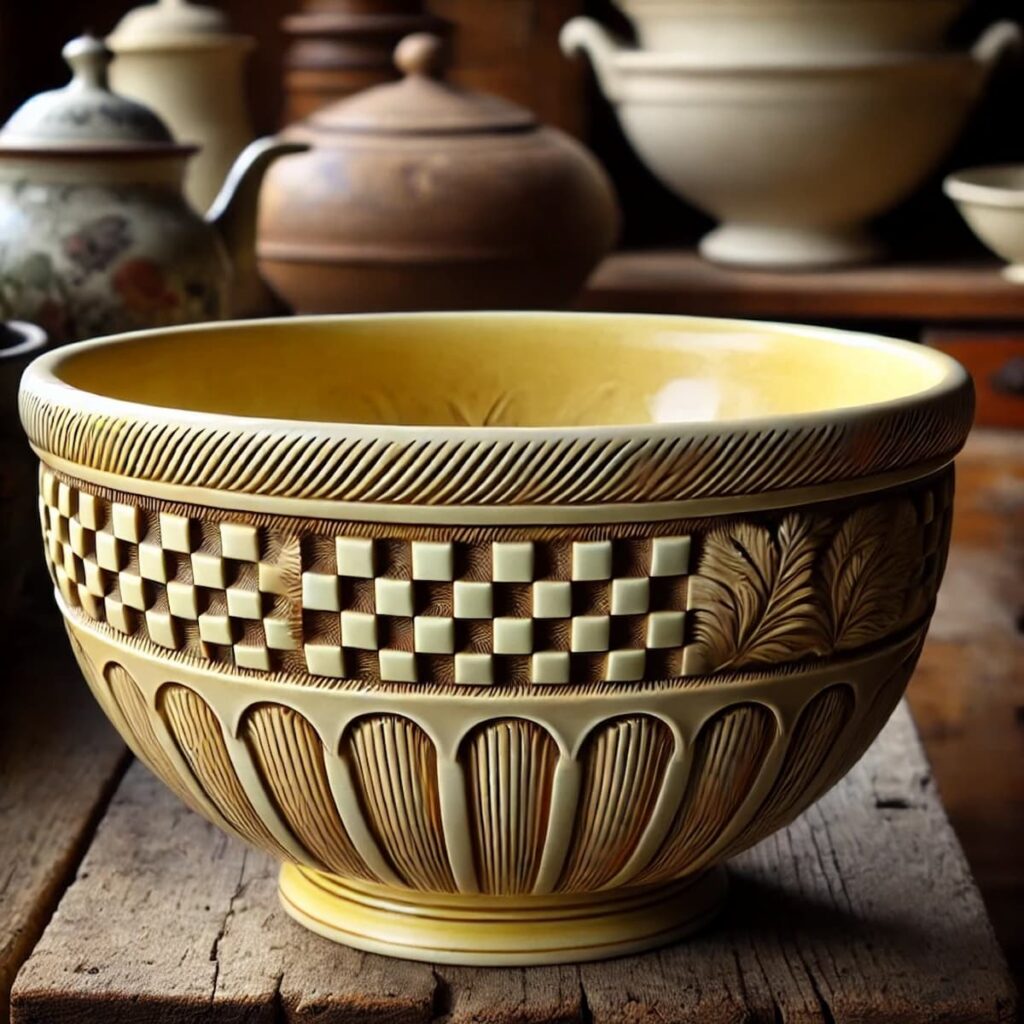 Checkerboard and Engine-Turned Design on vintage Yellow ware bowl.