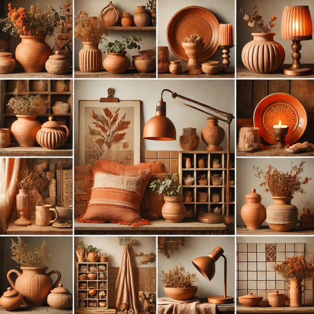 Collage of terracotta decor items.