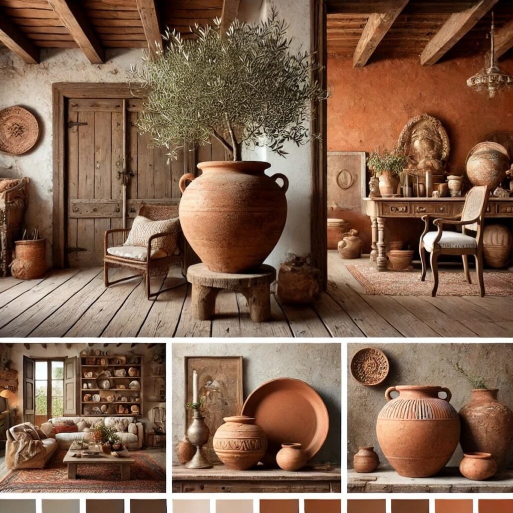 Collage of terracotta decor and pots in cabinets, on tables on wall decor, and more.