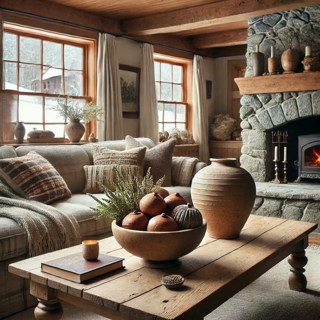 Clay pottery stacked in bowl on wooden coffee table in cozy living room.