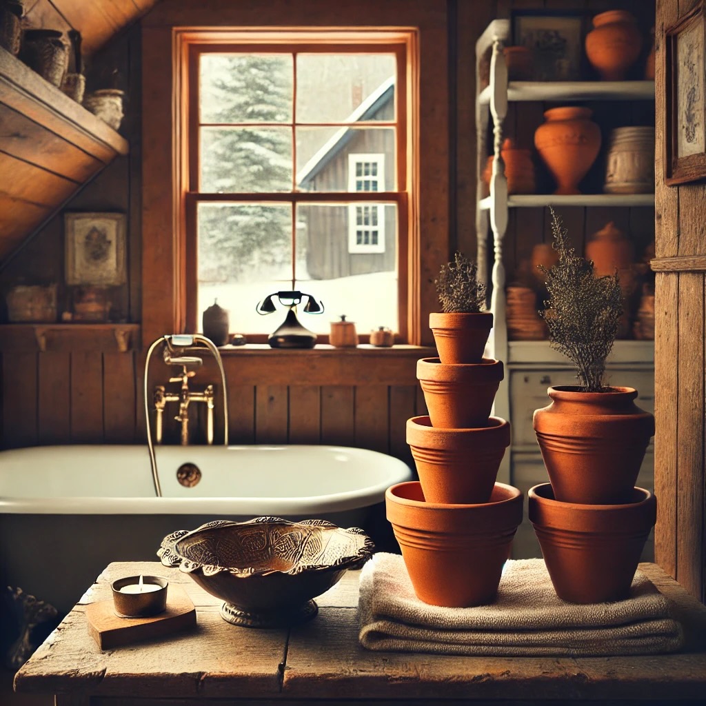 Terracotta pots stacked in bathroom decor.